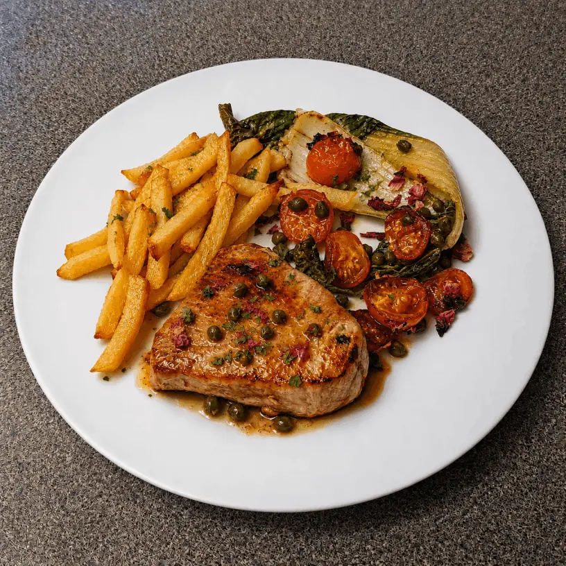 Pan-roasted tuna steak, with charred pak choi, tomatoes and crisp golden pommes frites, finished with a warm caper and rose-petal dressing.
